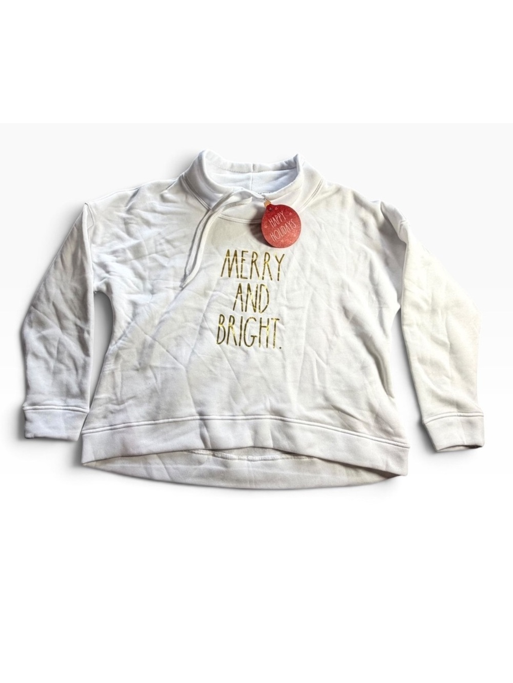 RAE DUNN Merry & Bright gold foil high necck pullover sweatshirt size M NWT